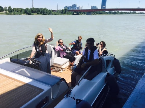 Crystal Cruises CEO Edie Rodriguez captaining the Wider® Speedboat