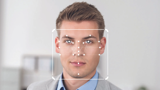 man with biometric square on his face