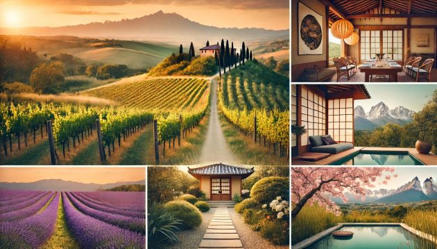 A tranquil hero image representing slow travel in 2025, featuring a Tuscan countryside with rolling vineyards, a rustic villa, a lavender field inspired by Provence, a Kyoto garden with cherry blossoms, and a dramatic Patagonian mountain range under golden afternoon light.