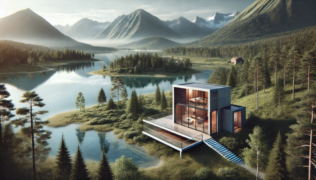 A serene eco-luxury retreat with minimalist architecture, blending into a breathtaking natural landscape, symbolizing the future of luxury travel in 2025.
