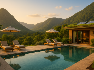 A tranquil luxury retreat surrounded by mountains and nature, with a serene infinity pool and cozy lounge chairs, symbolizing relaxation and digital detox travel.