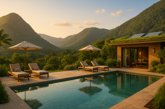 A tranquil luxury retreat surrounded by mountains and nature, with a serene infinity pool and cozy lounge chairs, symbolizing relaxation and digital detox travel.