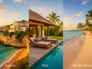 A high-resolution photograph of a luxury infinity pool overlooking the ocean, with lounge chairs and palm trees under a golden sunset—evoking affordable yet stylish travel indulgence.