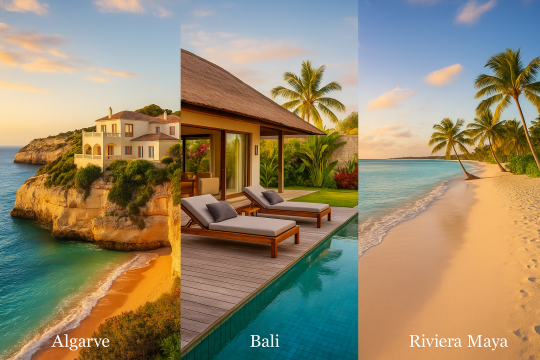 A high-resolution photograph of a luxury infinity pool overlooking the ocean, with lounge chairs and palm trees under a golden sunset—evoking affordable yet stylish travel indulgence.