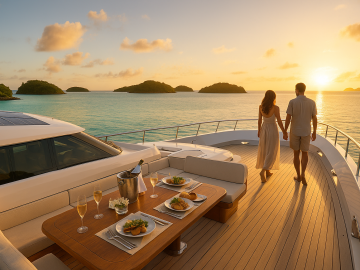 A luxury private yacht anchored in a turquoise lagoon at sunset, with an elegant dining setup and a couple enjoying the view—perfectly capturing the spirit of exclusive island hopping.