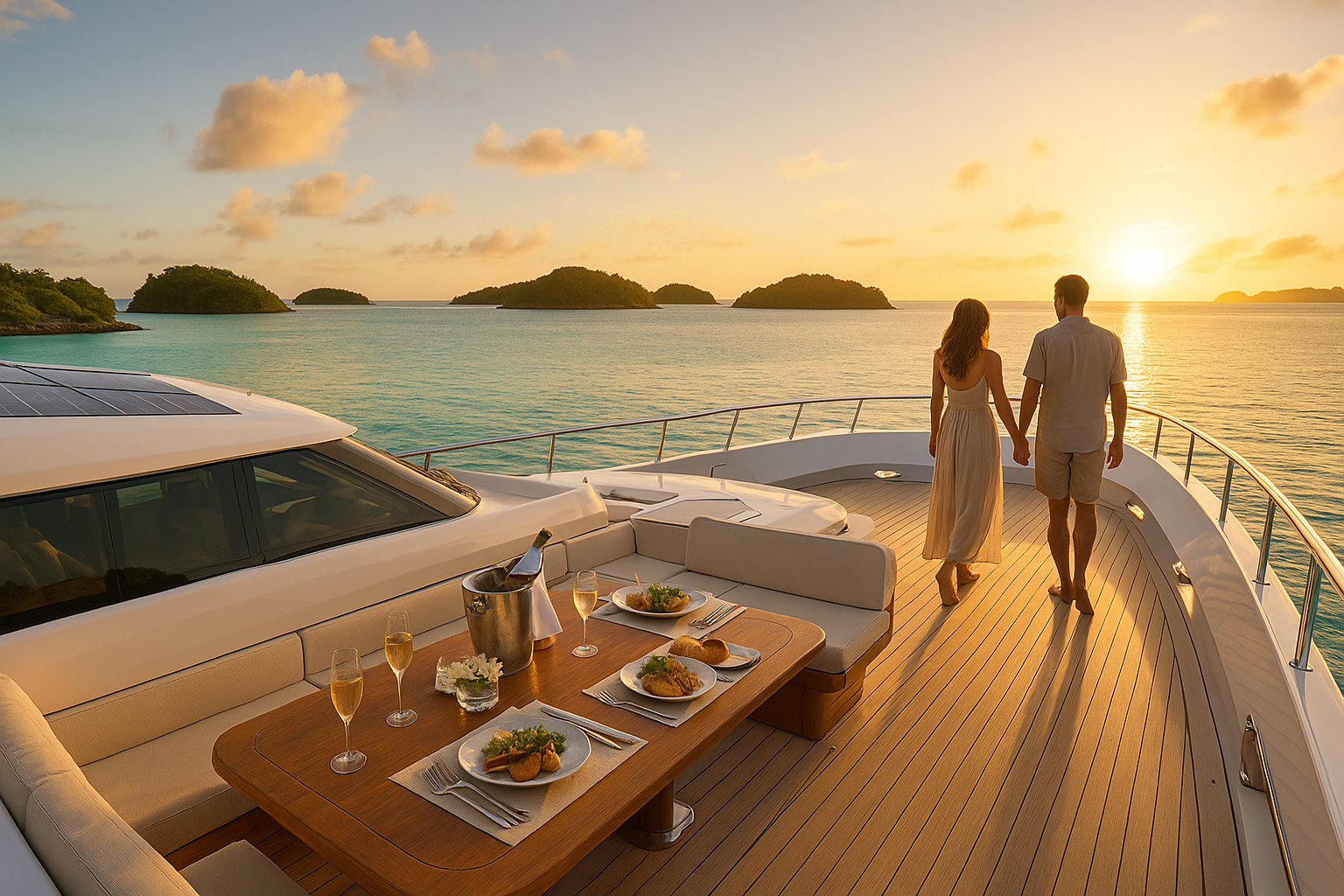 A luxury private yacht anchored in a turquoise lagoon at sunset, with an elegant dining setup and a couple enjoying the view—perfectly capturing the spirit of exclusive island hopping.