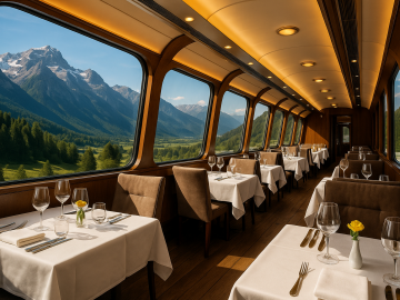 A luxury dining car on a train with elegantly set tables, white linens, and panoramic windows showcasing stunning mountain scenery—perfectly capturing the romance of gourmet rail travel.