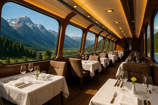 A luxury dining car on a train with elegantly set tables, white linens, and panoramic windows showcasing stunning mountain scenery—perfectly capturing the romance of gourmet rail travel.
