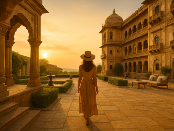A luxury traveler exploring an ancient palace courtyard at sunset, surrounded by historic architecture with modern comforts subtly woven into the scene—symbolizing luxury travel with a historical twist.