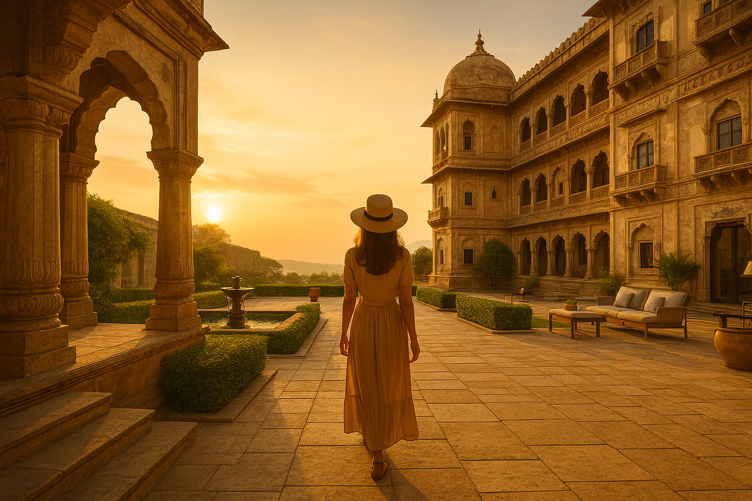 A luxury traveler exploring an ancient palace courtyard at sunset, surrounded by historic architecture with modern comforts subtly woven into the scene—symbolizing luxury travel with a historical twist.