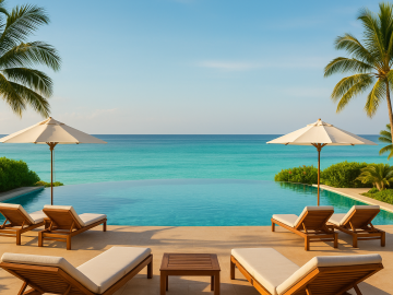 A luxurious oceanfront spa with an infinity pool overlooking turquoise waters, surrounded by palm trees and lounge chairs, evoking relaxation and wellness by the sea.