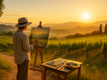 An artist painting on an easel at sunrise in a Tuscan vineyard, symbolizing immersive travel and creative exploration.