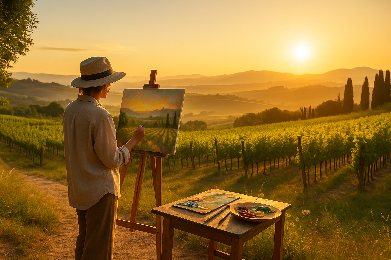 An artist painting on an easel at sunrise in a Tuscan vineyard, symbolizing immersive travel and creative exploration.