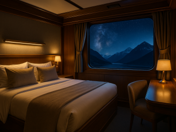 A luxury sleeper train suite at night, with mountain views and ambient lighting symbolizing the revival of elegant overnight rail travel.