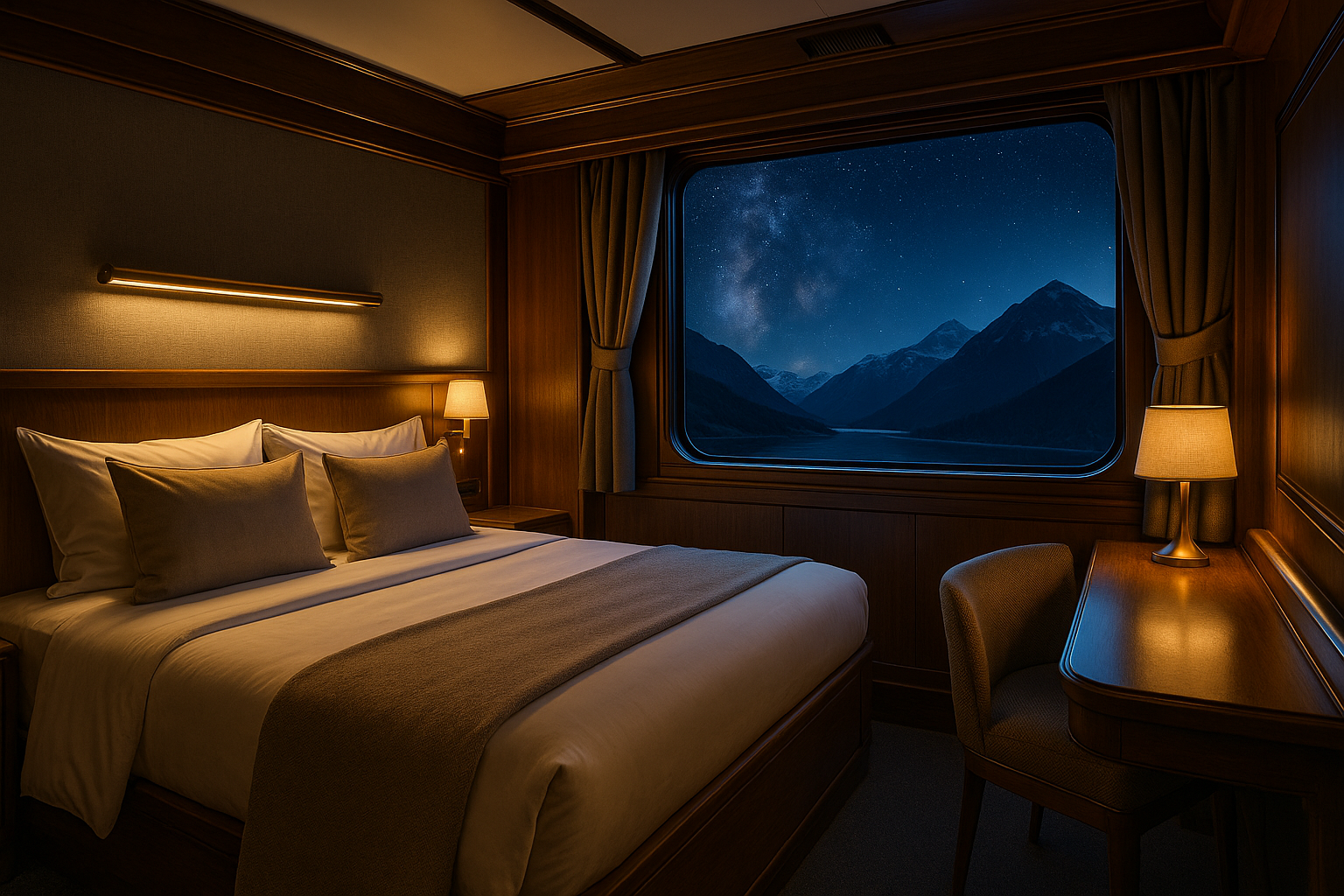 A luxury sleeper train suite at night, with mountain views and ambient lighting symbolizing the revival of elegant overnight rail travel.