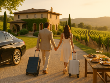 A stylish couple arriving at a vineyard estate during a weekend getaway, symbolizing luxury micro-tours and effortless short escapes.