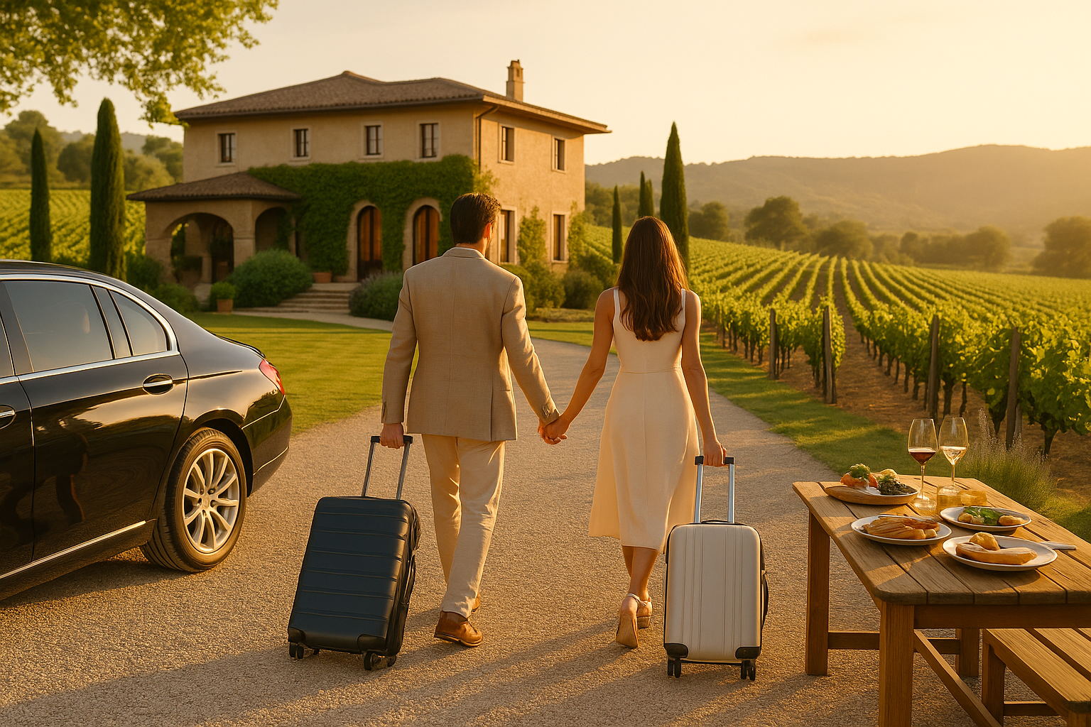 A stylish couple arriving at a vineyard estate during a weekend getaway, symbolizing luxury micro-tours and effortless short escapes.
