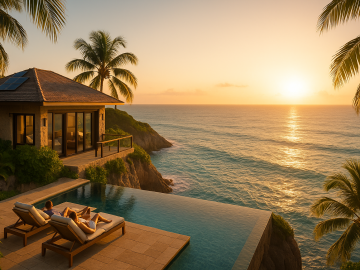 A boutique seaside villa overlooking turquoise waters at sunset, symbolizing intimate and luxurious coastal escapes off the beaten track.