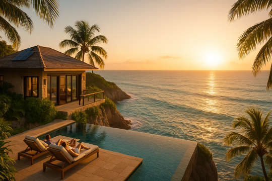 A boutique seaside villa overlooking turquoise waters at sunset, symbolizing intimate and luxurious coastal escapes off the beaten track.