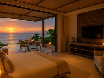 A luxury hotel suite overlooking the ocean at sunset, blending natural textures, candlelight, and open-air design to engage all five senses.