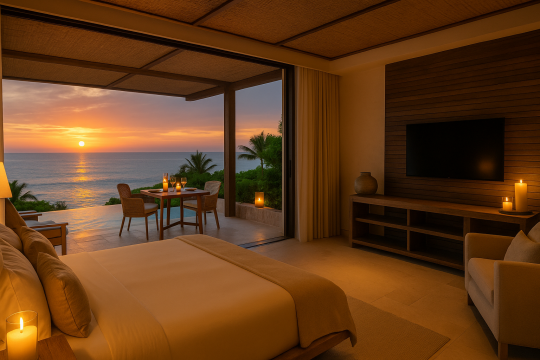 A luxury hotel suite overlooking the ocean at sunset, blending natural textures, candlelight, and open-air design to engage all five senses.