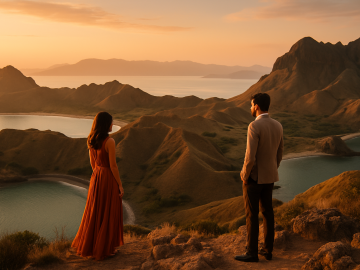 Luxury travelers overlooking an untouched coastal landscape in an emerging destination, captured in warm, editorial-style light.