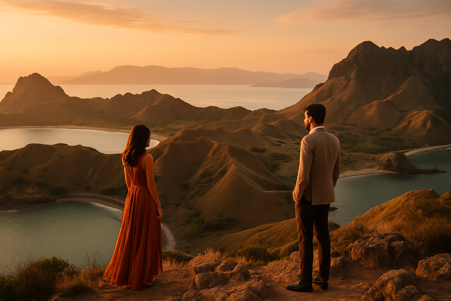 Luxury travelers overlooking an untouched coastal landscape in an emerging destination, captured in warm, editorial-style light.