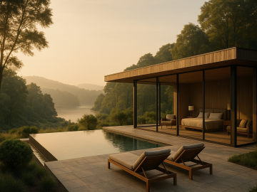 A serene ultra-luxury wellness retreat surrounded by nature, designed for silent mindfulness and peaceful renewal.