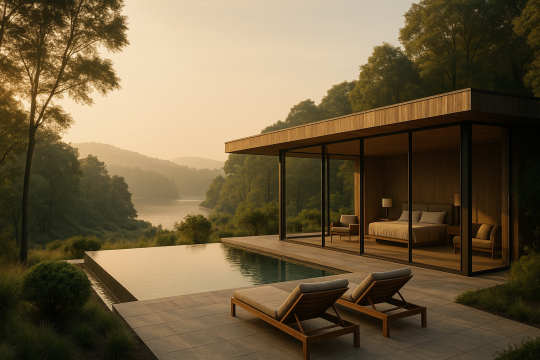 A serene ultra-luxury wellness retreat surrounded by nature, designed for silent mindfulness and peaceful renewal.