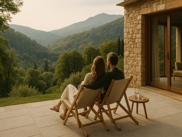 Luxury travelers enjoying a serene, tech-free escape surrounded by nature at an elegant retreat designed for digital detox.