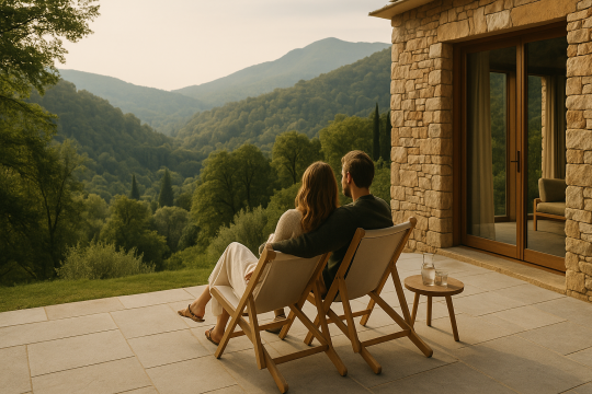 Luxury travelers enjoying a serene, tech-free escape surrounded by nature at an elegant retreat designed for digital detox.