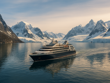 A boutique luxury expedition ship sailing through dramatic icy landscapes with panoramic views, embodying high-end adventure travel.