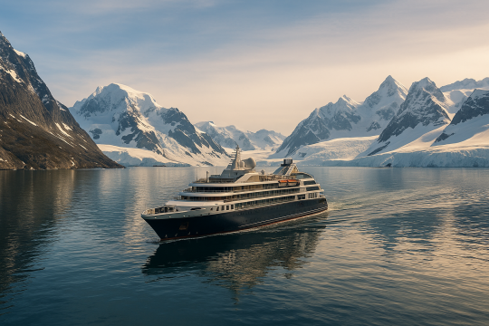 A boutique luxury expedition ship sailing through dramatic icy landscapes with panoramic views, embodying high-end adventure travel.