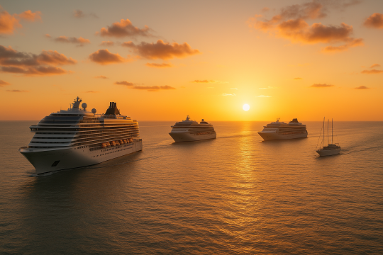 Four modern cruise ships sailing in formation across calm ocean waters at sunset, with warm golden light reflecting on the sea and a small sailing yacht in the distance.