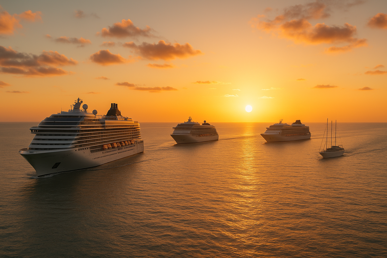 Four modern cruise ships sailing in formation across calm ocean waters at sunset, with warm golden light reflecting on the sea and a small sailing yacht in the distance.
