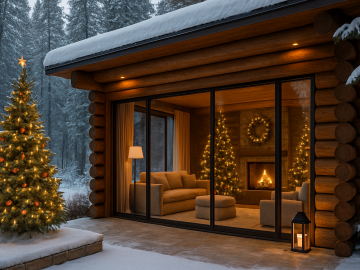 A serene luxury holiday retreat decorated for Christmas, surrounded by nature and designed for a peaceful, crowd-free seasonal escape.