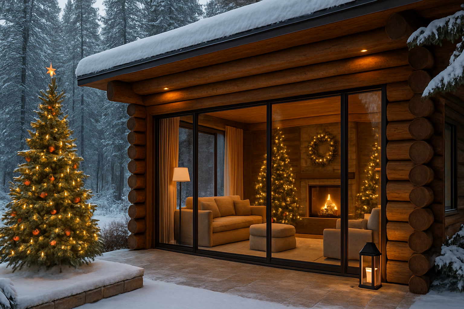 A serene luxury holiday retreat decorated for Christmas, surrounded by nature and designed for a peaceful, crowd-free seasonal escape.