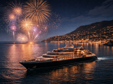 A luxury yacht or boutique cruise ship at sea during New Year’s Eve, with fireworks illuminating the coastline under a night sky.