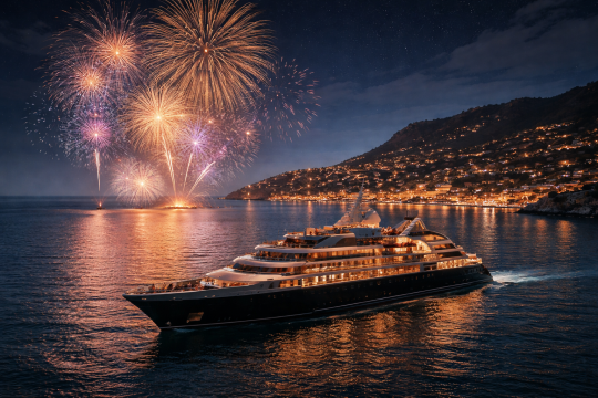 A luxury yacht or boutique cruise ship at sea during New Year’s Eve, with fireworks illuminating the coastline under a night sky.