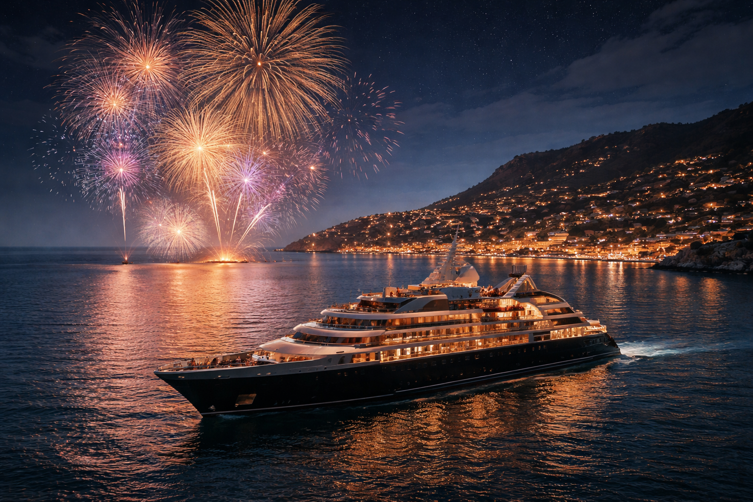 A luxury yacht or boutique cruise ship at sea during New Year’s Eve, with fireworks illuminating the coastline under a night sky.