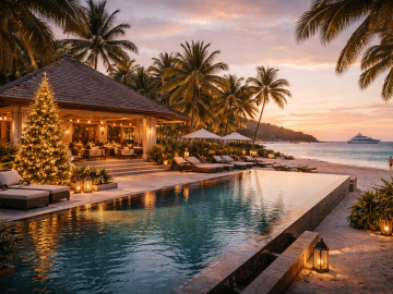 A luxury beachfront resort bathed in golden holiday light, offering a refined warm-weather escape during the festive season.