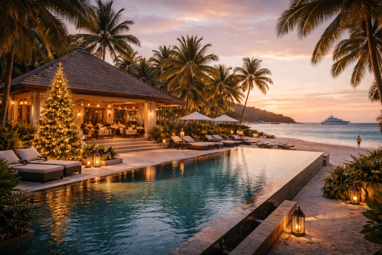 A luxury beachfront resort bathed in golden holiday light, offering a refined warm-weather escape during the festive season.