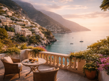 Sunrise over a quiet Mediterranean cliffside village with pastel architecture and calm sea, capturing a refined January travel experience without crowds.