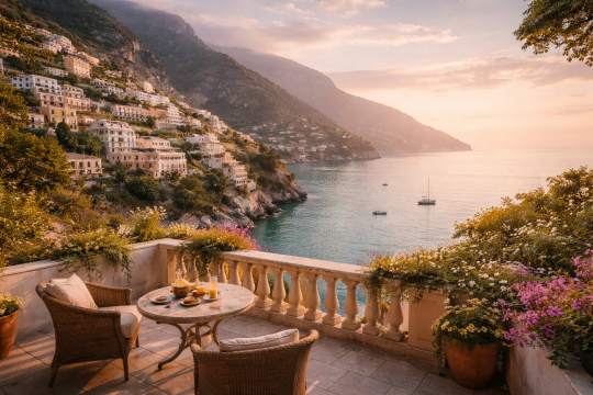 Sunrise over a quiet Mediterranean cliffside village with pastel architecture and calm sea, capturing a refined January travel experience without crowds.