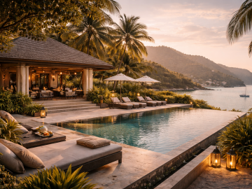 A serene luxury destination in January, showcasing open space, refined architecture, and a calm atmosphere free of crowds.