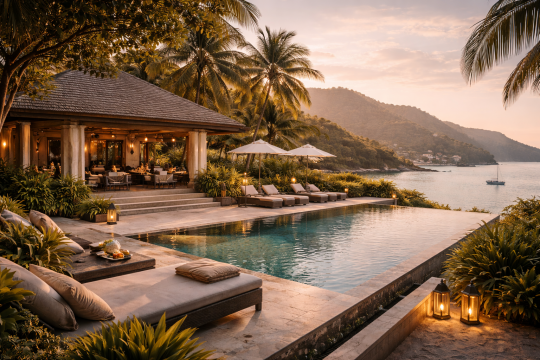 A serene luxury destination in January, showcasing open space, refined architecture, and a calm atmosphere free of crowds.