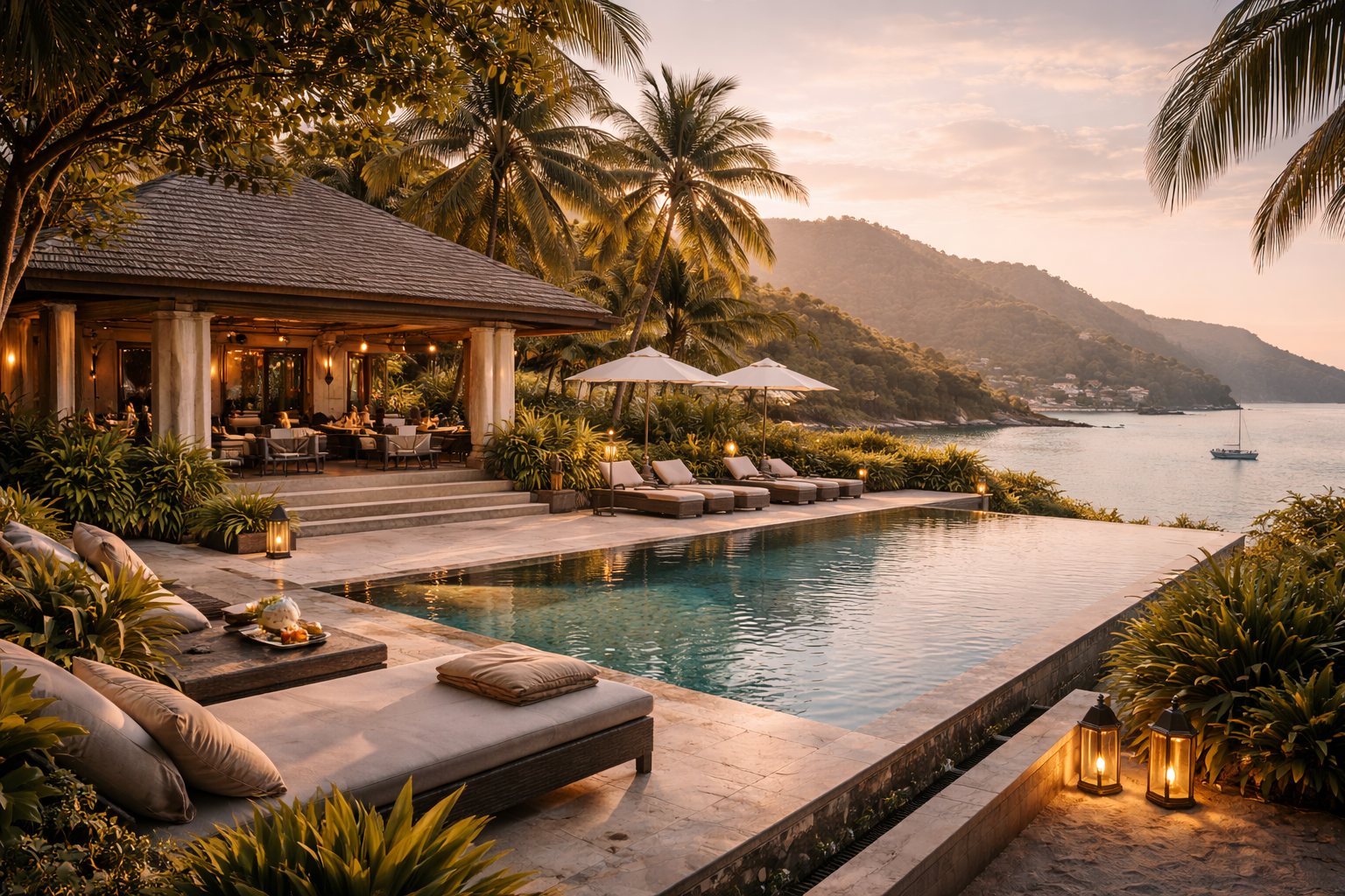 A serene luxury destination in January, showcasing open space, refined architecture, and a calm atmosphere free of crowds.