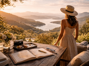 Luxury travel planning moment overlooking an expansive landscape, symbolizing intention, foresight, and aspirational journeys for the year ahead.