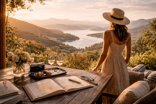 Luxury travel planning moment overlooking an expansive landscape, symbolizing intention, foresight, and aspirational journeys for the year ahead.