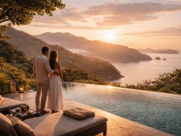 Luxury travelers overlooking a serene landscape at sunrise, symbolizing a thoughtful and intentional start to the new year.